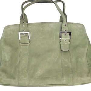 Levenger Olive Green Suede Leather Tote Shoulder Bag Buckle Straps Large